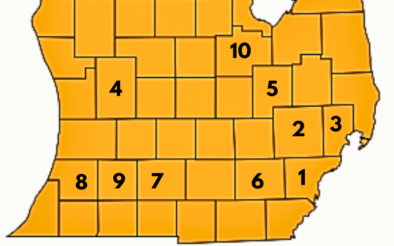 Map of Michigan highlighting ten counties involved in the Michigan Student Network for Pipeline Prevention, with numbered labels for each county.