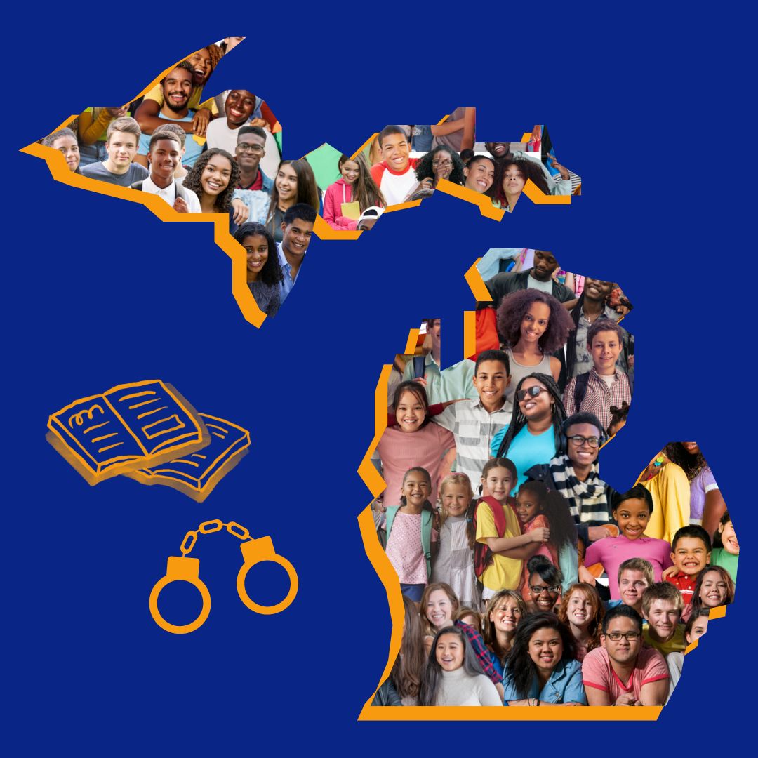 A graphic of the state of Michigan filled with diverse images of smiling individuals, illustrating themes of community and social justice, accompanied by icons of open books and handcuffs.