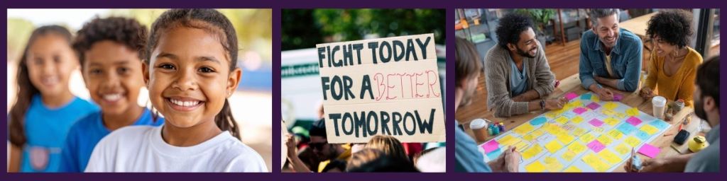 A smiling girl in a white shirt is surrounded by friends, showcasing community and joy.