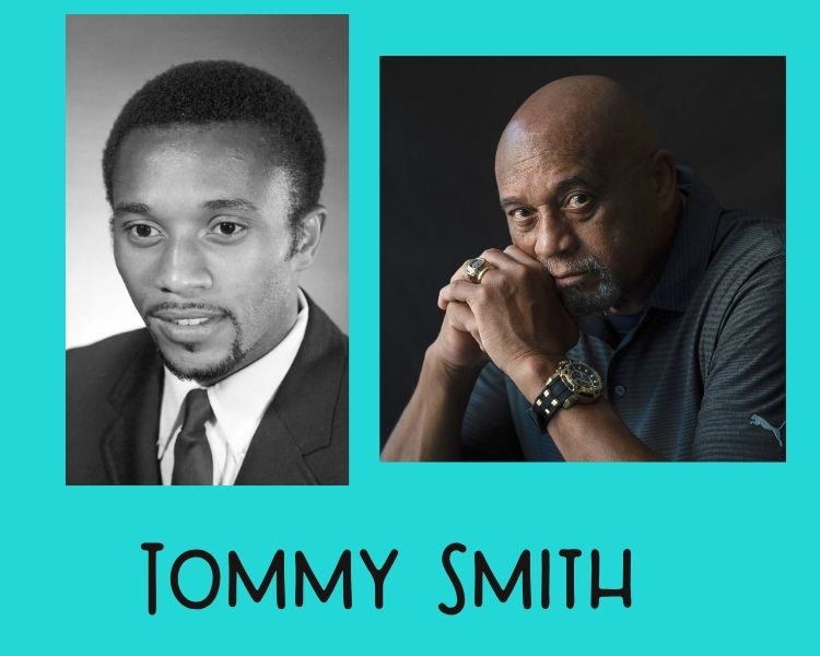 A split image of Tommy Smith: the left side shows a young Tommy Smith in a formal suit, while the right side features him older, contemplative, and wearing casual attire.