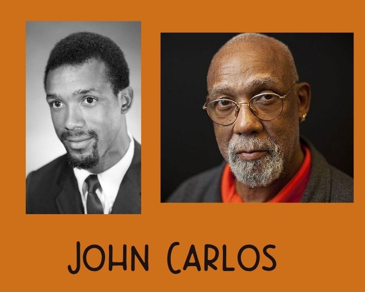 A split image of John Carlos, showing a younger version in a suit on the left and an older version with glasses and a beard on the right, with his name displayed below.